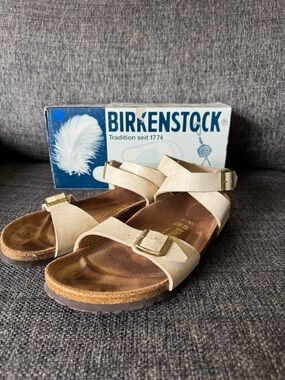 Birkenstock Beige Triple-Strap Sandals with Gold Buckles